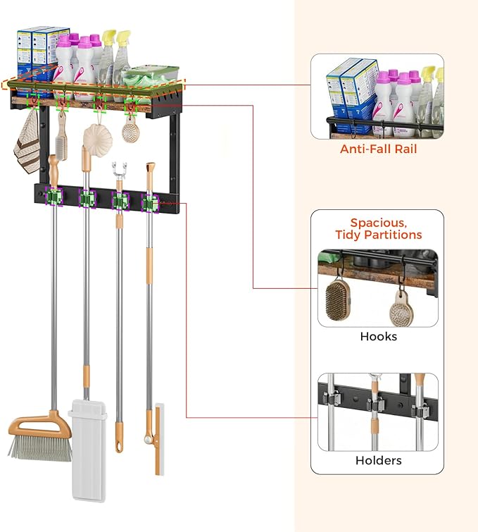 Broom Holder Wall Mount with Shelf, Broom Hanger and Hooks, Broom and Mop Organizer Wall Hanging for Laundry Room, Garage, Utility Closet, Kitchen（Small）