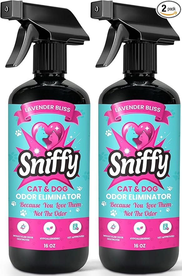 Sniffy Pet Odor Eliminator Spray – Lavender Enzymatic Cleaner for Dog & Cat Urine, Litter Boxes, Carpets & Furniture – Hypoallergenic, Fabric-Safe, Vet-Approved, 2×16 oz Twin Pack, Made in USA