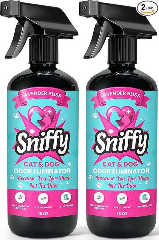 Sniffy Pet Odor Eliminator Spray – Lavender Enzymatic Cleaner for Dog & Cat Urine, Litter Boxes, Carpets & Furniture – Hypoallergenic, Fabric-Safe, Vet-Approved, 2×16 oz Twin Pack, Made in USA