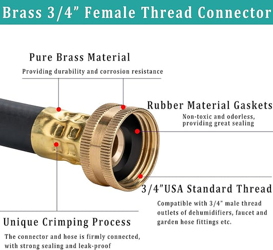 5FT Dehumidifier Drain Hose with 3/4” FHT Brass Rustproof Connector, Versatile Drain Hose Perfectly Compatible with most Dehumidifiers and 3/4” external thread outlet, No Leak (Black, 5FT)