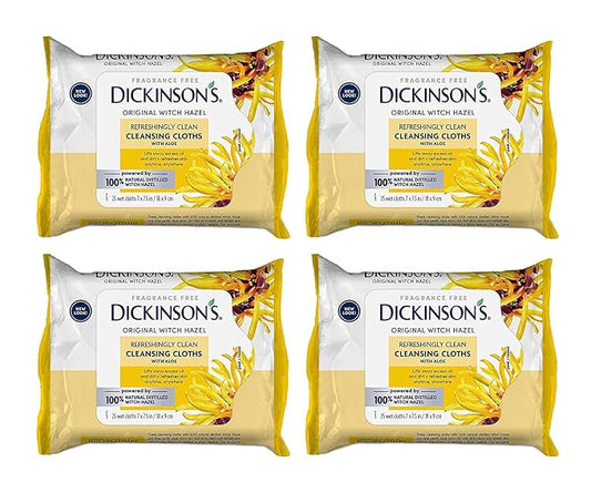 Dickinson's Original Witch Hazel Refreshingly Clean Cleansing Cloths with Aloe, 4 Pack, 25 Cloths per Pack