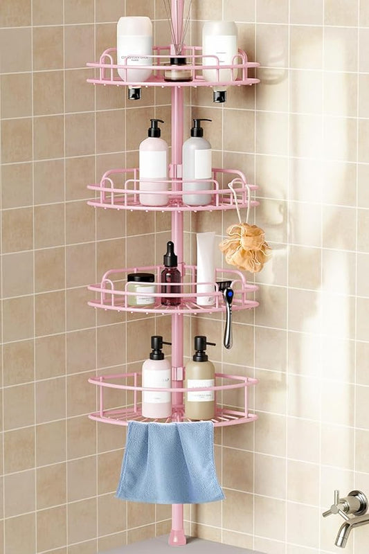 HAMITOR Corner Shower Caddy Tension Pole: 4-Tier Rust-Resistant Adjustable Bathroom Organizer Shelves - 47-121 Inch No-Drill Quick Installation - Space-Saving Storage for Renters Family - Pink