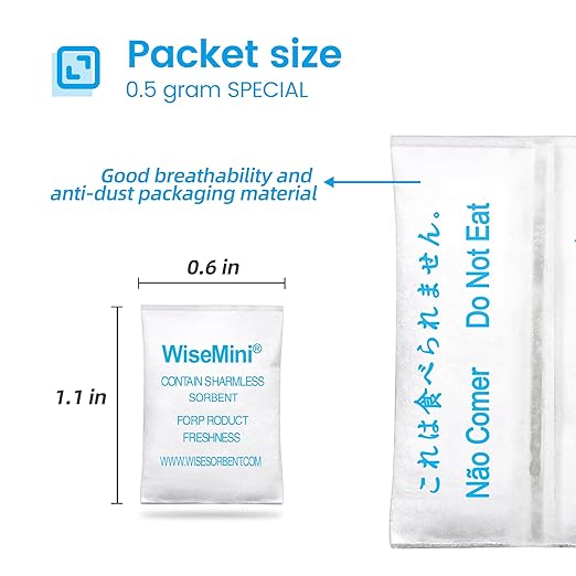 0.5 Gram 500 Pack Silica Gel Packs, Dessicant Packets, Moisture Absorbers for Food Storage, Food Grade Desiccant Dehumidifiers, WiseMini