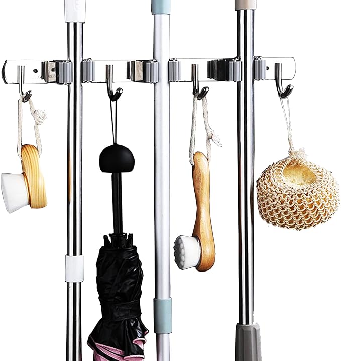 Broom Mop Holder Wall Mount Cleaning Tool holder, Heavy Duty Stainless Steel Broom Hanger Rack Hook Organizer, Garage Storag Racks wall Mounted Broom Hanger for Home, Kitchen, Garden, Garage, Landry