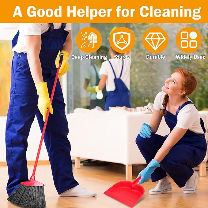 Maxcheck 6 Pcs Broom and Dustpan Set 54 Inch Heavy Duty Indoor Brooms with Dust Pan Combo Bulk for Commercial Shop Angle Home Office Lobby Kitchen(Red)