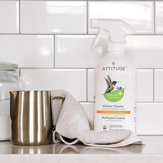 ATTITUDE Kitchen Cleaner Spray, EWG Verified, Powerful Degreaser, Cuts Grease & Grime, Plant-Based & Vegan, Citrus Zest Scent, 27.1 Fl Oz