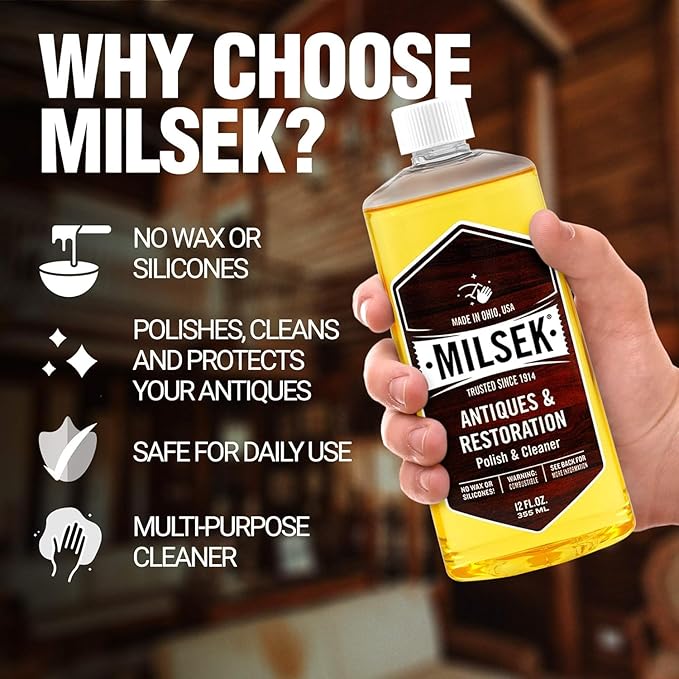 Milsek Antiques & Restoration Polish & Cleaner - Home Essential Cleaning Supplies for Home Improvement of any Wood Antiques or Heirlooms - 12 Fl Oz (Pack of 2) with Microfiber Towel
