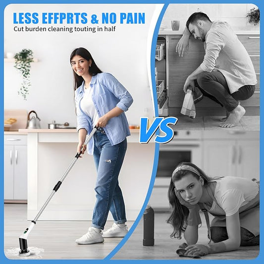 Electric Spin Scrubber, Cordless Power Cleaning Brush with 7 Replaceable Heads, Adjustable Long Handle, & LCD Display, IPX6 Waterproof Shower Scrubber for Bathroom, Tub, Tile, Floor & Car