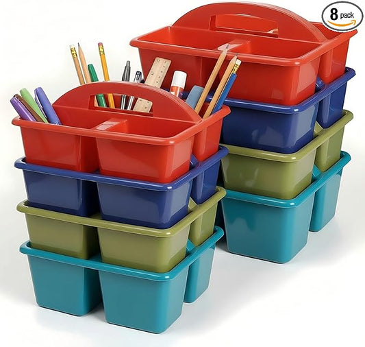 Kathfly 8 Pack Caddy Organizer with Handle, Stackable Organization Storage, Small Plastic Basket Classroom Caddy for Table Desk Office Pencil Kids Room Craft Art Teacher School Supplies (Deep Color)