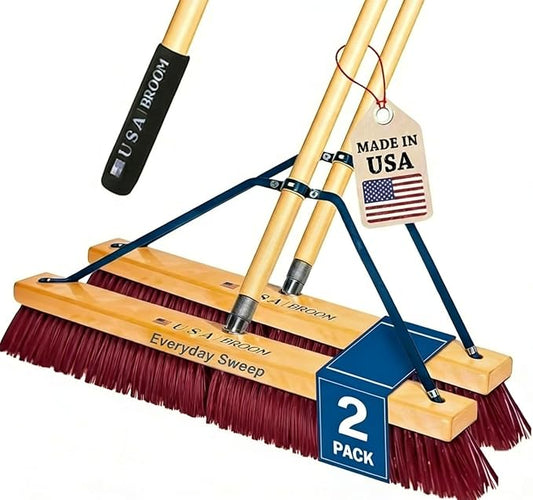 2 Pack Bundle - 24" Everyday Sweep Indoor/Outdoor Push Broom with 60" Handle. Ideal for Garages & Shops. Durable American Made Steel Brackets-All Stainless Steel Hardware. No Plastic. 100% USA Made.