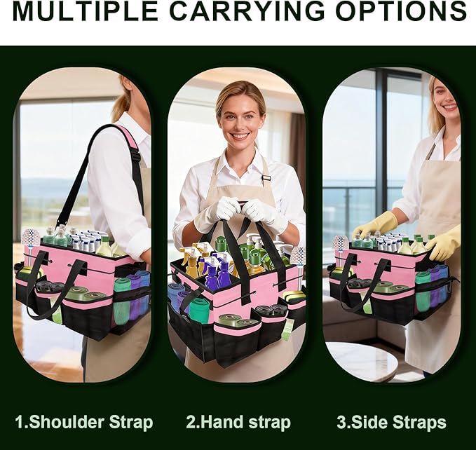 Large Cleaning Caddy Bags, Cleaning Caddy for Cleaning Supplies, Caddy Organizer with Handle & Adjustable Shoulder, Cleaning storage Bags for Housekeepers, Home, Car (Pink)