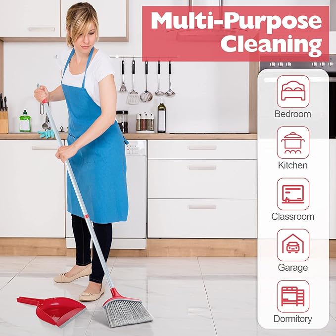 Meanplan 2 Pcs Angle Broom and Dustpan Combo Set for School Classroom 54'' Outdoor Indoor Cleaning Broom Commercial Broom with Step-on Dustpan for Home Kitchen Office Floor Dirt Dust Hair Cleaning