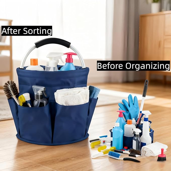 17L Cleaning Caddy With Handle, Foldable Storage Cleaning Product Organizer, Cleaning Caddy Organiser, Outdoor Camping，Portable Multifunctional Cleaning Bucket tool Bag Organizer (navy blue)