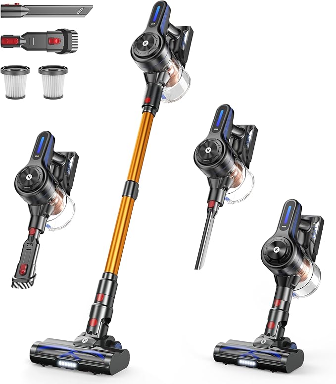 NADALY Cordless Vacuum Cleaner, Powerful Stick Vacuum with 45min Runtime, Anti-Tangle Self-Standing Vacuum Cleaners for Home, 8-in-1 Lightweight Vacuum for Hardwood Floor/Carpet/Pet Hair, Bronzed Gold