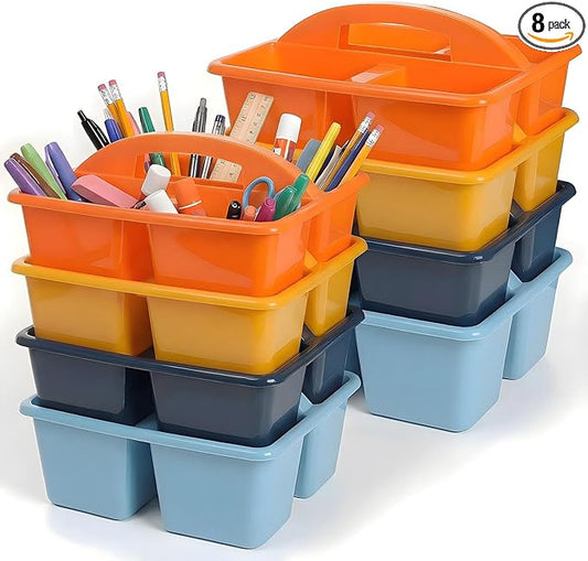 Kathfly 8 Pack Caddy Organizer with Handle, Stackable Organization Storage, Small Plastic Basket Classroom Caddy for Table Desk Office Pencil Kids Room Craft Art Teacher School Supplies (Blue Orange)