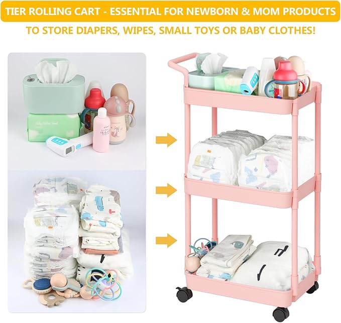 Diaper Caddy - Plastic Diaper Organizer for Nursery Essentials, Baby Organizers and Storage, Movable Cart for Changing Table & Crib, Baby Registry Search, Pink
