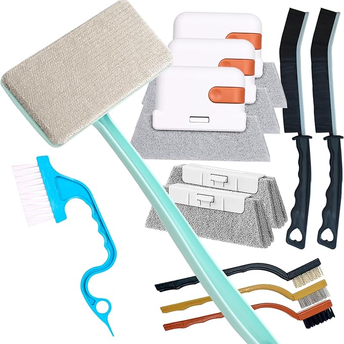 12PCS Window Screen Cleaner - Large Brush Face Mesh Screen Cleaning Brush, Detachable Window Cleaner Tool with Wet and Dry Dual Use + 9 Groove Brushes with 2 Replacement Sponges