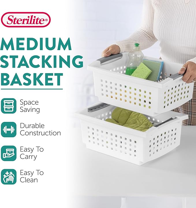 Sterilite Stackable Storage Bin and Organization Basket with Flip Down Accent Rails for Home and Household Organization, Medium, White (20 Pack)
