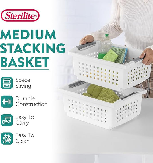 Sterilite Stackable Storage Bin and Organization Basket with Flip Down Accent Rails for Home and Household Organization, Medium, White (20 Pack)