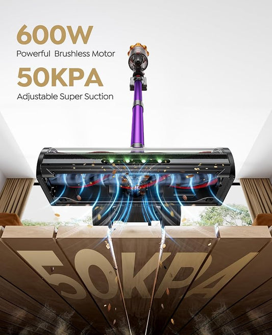 Cordless Vacuum Cleaner, 600W/50KPA/65Mins Vacuum Cleaners for Home, Self-Standing Stick Vacuum with Wall Mount Charging and Auto Mode, Handheld Vacuum for Pet Hair/Carpet/Floor