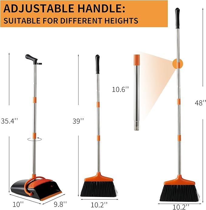 Broom and Dustpan Set Lightweight Upright Lobby Broom and Dust Pan Combo with Long Handle Outdoor Indoor for Home Kitchen Room Office (Orange and Black)