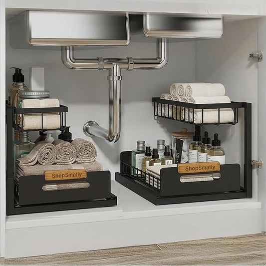 Under Sink Organizer 2-Pack, Metal Under Sink Organizer for Kitchen & Bathroom, Multi-Use Under Sink Storage Rack for Cleaning Supplies and Bathroom Essentials (Black)