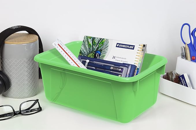 Storex Small Cubby Bins – Plastic Storage Containers for Classroom with Non-Snap Lid, 12.2 x 7.8 x 5.1 inches, Green, (62409U05C) (Pack of 5)
