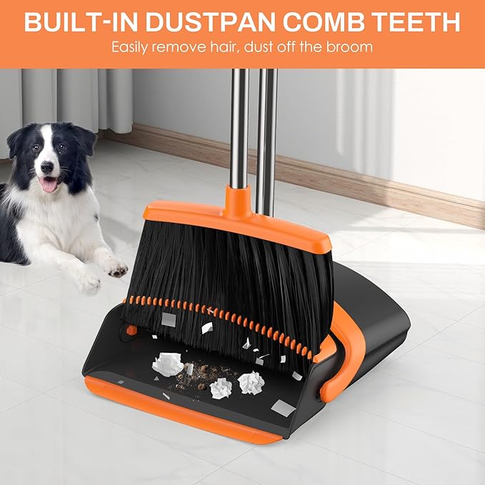 Broom and Dustpan Set for Home, 51-in Long Adjustable Handle Angle Broom and Dustpan Combo Set with Dust Pan Teeth to Clean Hair for Home Kitchen Office Lobby Floor Garden, Black Orange