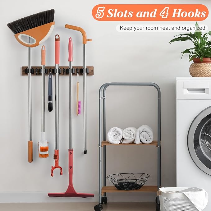 Brown Broom Holder Wall Mount - Heavy Duty Wood Mop and Broom Organizer with 5 Slots & 4 Hooks - Rustic Garden Tool Hanger for Laundry Room Closet Kitchen Garage Storage and Organization