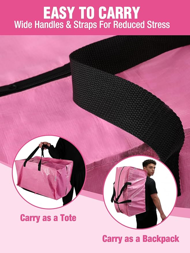 WORKPRO 8 Pack Extra Large Moving Bags with Zippers & Carrying Handles Backpack Straps, Heavy-Duty Storage Tote for Space Saving Moving Storage (Pink)