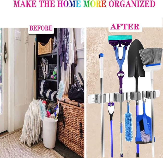 Mop and Broom Holder, 3 Positions 4 Hooks Heavy Duty Hanger Wall Mounted Stainless Steel Organizer for Holders, Home Laundry Bathroom, Garage Storage System Utility Tools Rack Storage, Grey