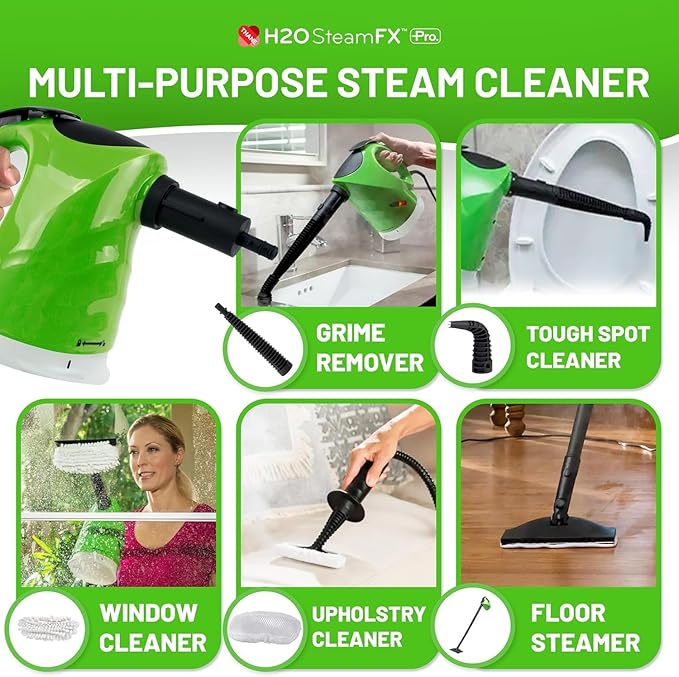 H2O SteamFX Pro Handheld Steam Cleaner with 12 Accessories – Multipurpose Steam Mop for Floors, Carpets, Upholstery, and Outdoor Surfaces, Ideal for Deep Home and Patio Cleaning