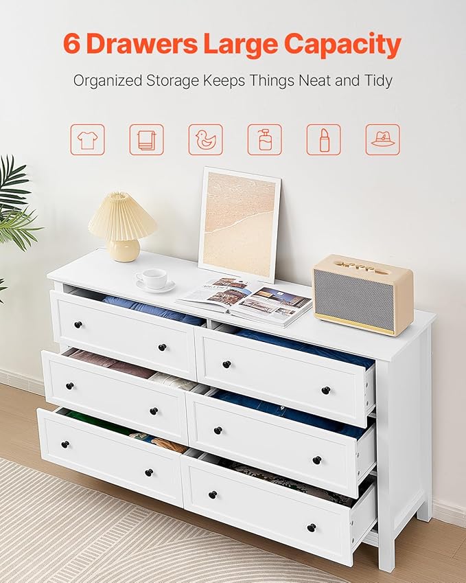 VEVOR 6 Drawer White Dresser, Wood Dresser Chest of Drawers with Middle Sliding Leg, Closet Storage Clothes Organizer for Bedroom, Living Room, Hallway, Entryway, Wide Drawer with Metal Handles