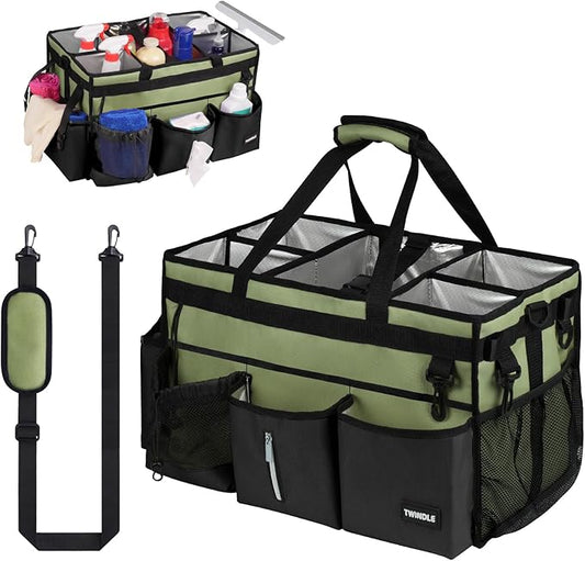 Extra Large Cleaning Caddy Bag with Built-In Support Board, Cleaning Tote Organizer with Removable Divider, Supply Carryall with Adjustable Shoulder Strap and Waist Belt for Cleaners & Housekeeper