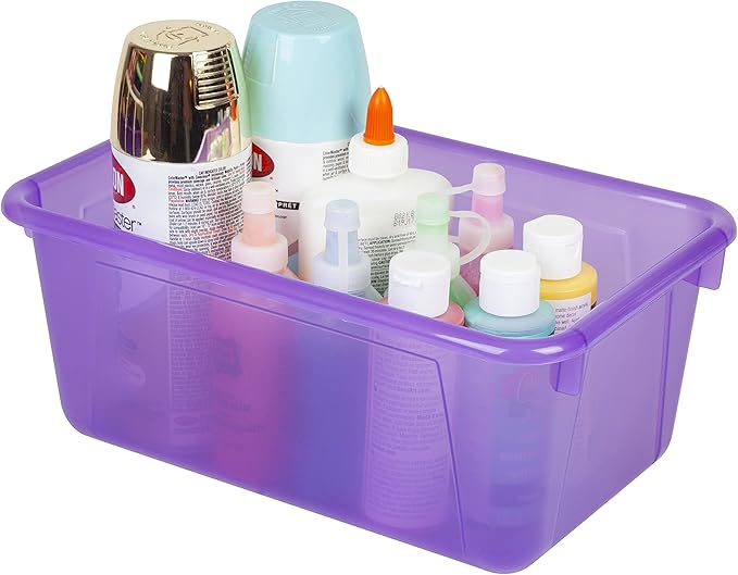 Storex Small Cubby Bins – Plastic Storage Containers for Classroom with Non-Snap Lid, 12.2 x 7.8 x 5.1 inches, Tint Violet, 5-Pack (62484U05C)