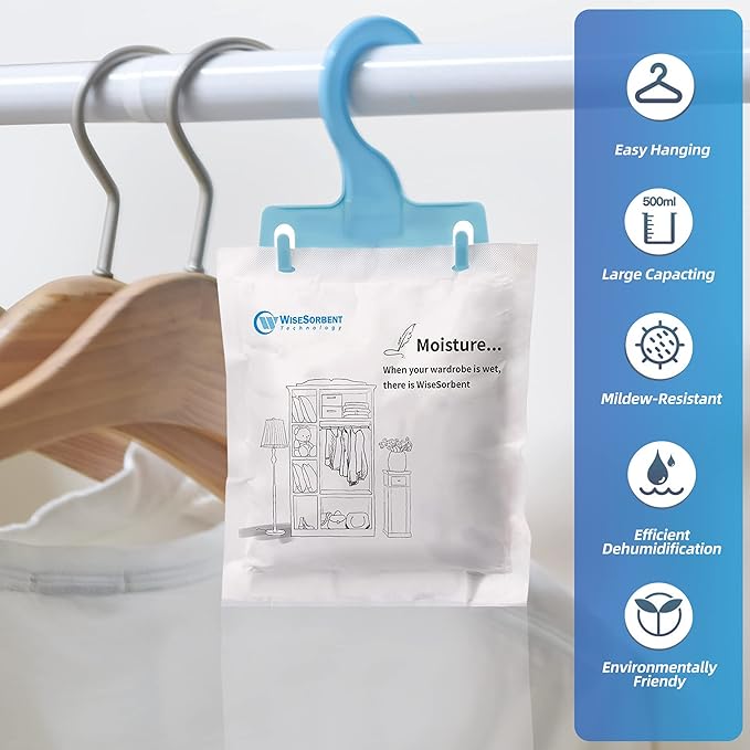 Moisture Absorber Refill Hanging Bags, 12 Pack (200g Each) – Calcium Chloride Dehumidifier Bags with 6 Reusable Hooks, Closet & Bathroom Dehumidifier Bags