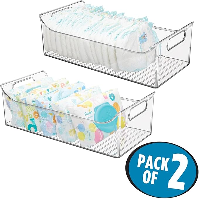 mDesign Portable Nursery Storage Plastic Baby Organizer Storage Caddy Bin w/Handles for Kids/Child Essentials - Holds Diapers, Wipes, Bottles, Baby Food - 16" Long - Ligne Collection - 2 Pack - Clear