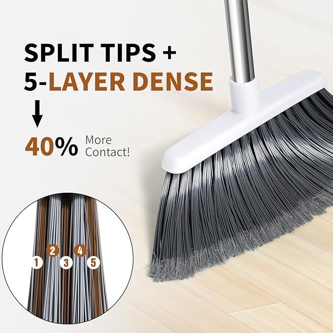 Broom, Outdoor Brooms for Sweeping Indoor, Adjustable 55" Pet Hair Removal Heavy Duty Broom for Floors Home Kitchen Garage Commercial Patio Industrial Snow (White)
