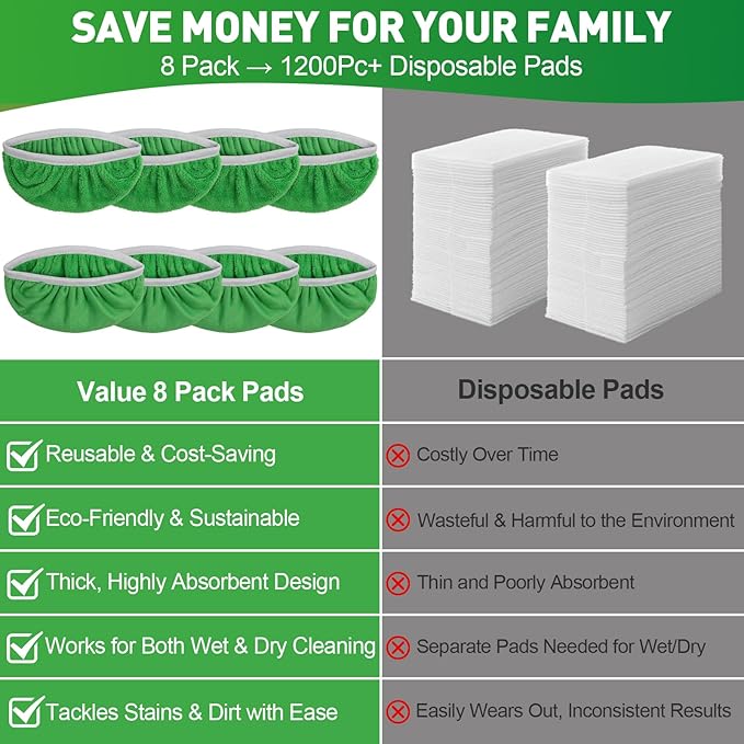 8 Pack Reusable Microfiber Mop Pads Replacement Compatible with Swiffer Sweeper, Machine Washable Mop Pads Refills for Wet & Dry Floor Cleaning, Mopping Cloths Fits Hardwood, Marble, Tile & Laminate