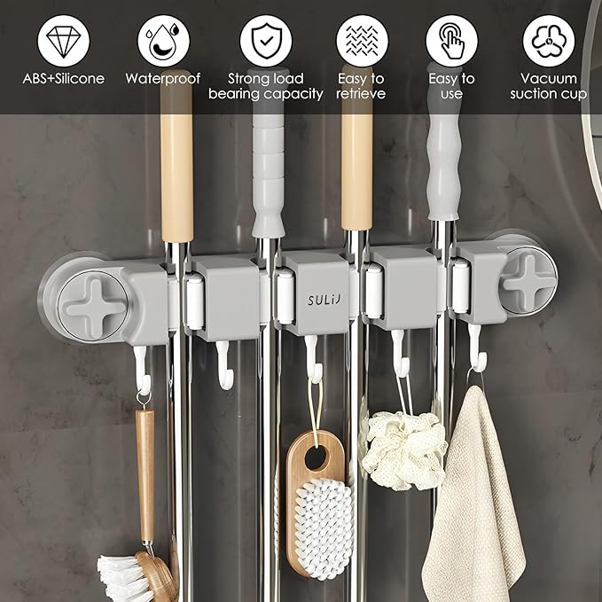 Broom Holder Wall Mount Sturdy Mop and Broom Organizer with 4 Racks and 5 Hooks Vacuum Suction Cup Broom Mop Holder for Home, kitchen, Garden, Tools, Garage (grey)