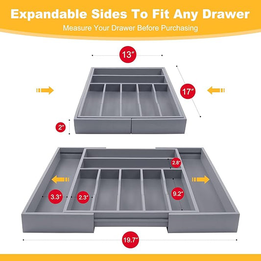 Large Premium Bamboo Silverware Organizer - Expandable Drawer Organizer & Utensil Organizer - 17"x19.7" Cutlery Tray with Dividers for Kitchen Utensils and Flatware (7-9 Slots) (Grey)