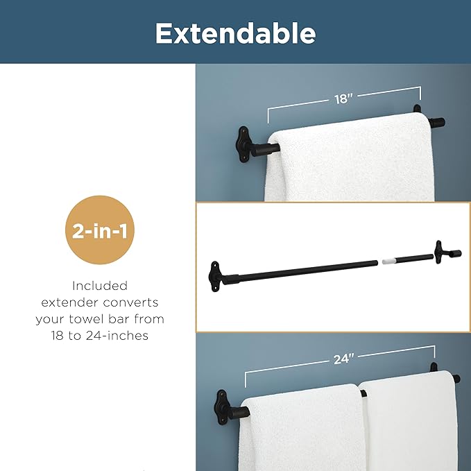 Franklin Brass Gainesville (1-Pack) 18'' Towel Rack w/ 6" Extender for Bathroom Matte Black Towel Bar for Bathroom Wall Mounted Towel Holder Rod GNV26-MB