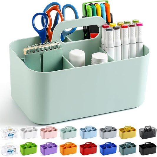 Multiuse Caddy Organizer with Handle - Stackable Plastic Tote Bin - Art Craft Supplies, Office, Desk, Stationery Pen Holder, Kitchen, Utensil, Makeup, Bathroom, Shower, Cleaning, Dorm Organizer - Mint