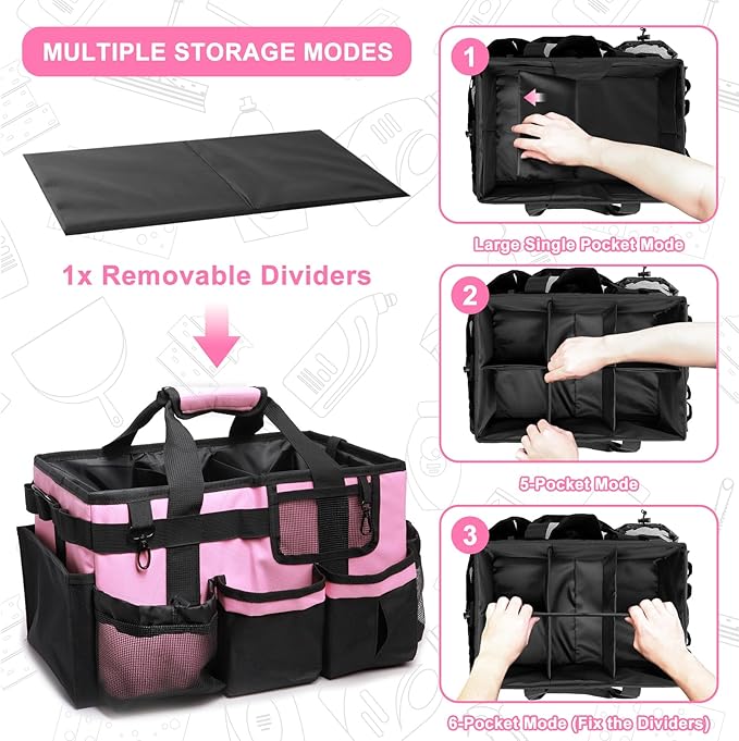 Large Cleaning Caddy Bags, Cleaning Supplies Organizer with Handle & Adjustable Shoulder Straps, 14.7-inch Pink Tool Bag, Cleaning Bags for Housekeepers, Cleaners, Gifts