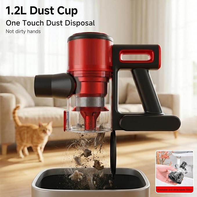 Cordless Vacuum Cleaner for Home - Lightweight, Stick Vacuum Clean with Rechargeable Battery, Max 45Mins Runtime, 8 in 1 Handheld Vacuum for Hardfloor & Carpets Pet Hair, Red&Black