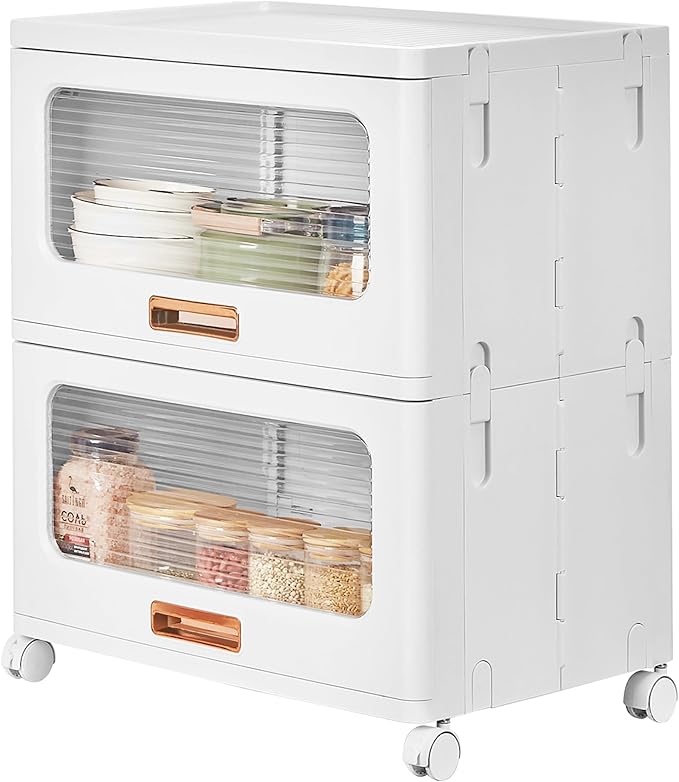 VECELO Stackable Storage Drawers Cabinet with Wheels, Storage Bins Pull Out, Waterproof Drawer Closet Organizer, Multi-Tier Stackable Design for Bedroom/Livingroom/Bathroom, Large, 2-Tier