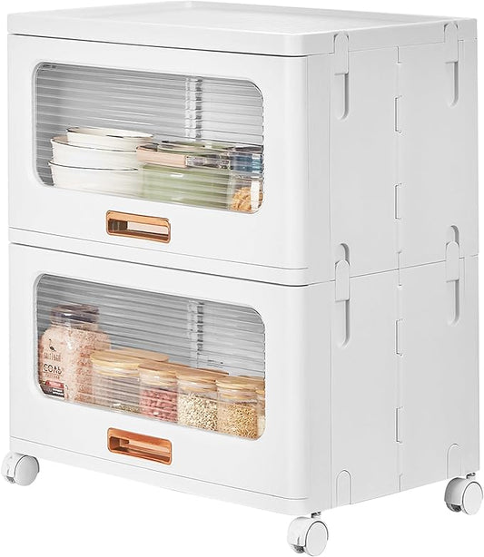 VECELO Stackable Storage Drawers Cabinet with Wheels, Storage Bins Pull Out, Waterproof Drawer Closet Organizer, Multi-Tier Stackable Design for Bedroom/Livingroom/Bathroom, Large, 2-Tier