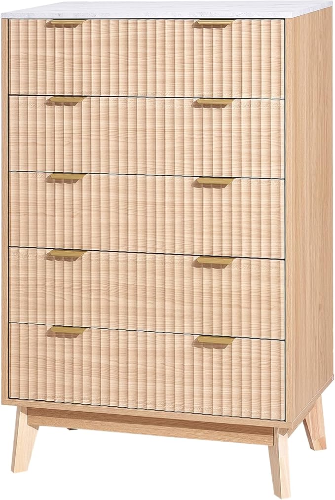 VEVOR 5 Drawer 48" Tall Fluted Bedroom Dresser, Modern Chest of Drawers with Gold Metal Handles, Faux Marble Top, Wood Dresser Closet Storage Organizer for Living Room, Hallway, Entryway, Natural Oak