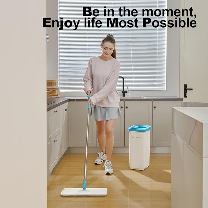 Mop and Bucket Set with Wringer, Turquoise-Cyan Wall Mop Cleaner with Long Handle, Squeeze Flat Mop and Bucket System, Dry & Wet Dust Mop for Household Floor Cleaning with 2 Microfiber Mops