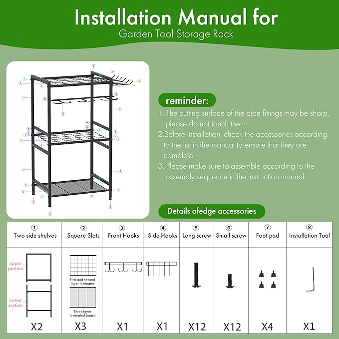 Garden Tool Organizer - 70-Hole Garage Storage Rack with Adjustable Feet & T-Handle Hooks, Broom/Mop Holder for Yard, Shed, Multi-Scene Use, No-Tool Assembly，Rack for Garage Organization Black